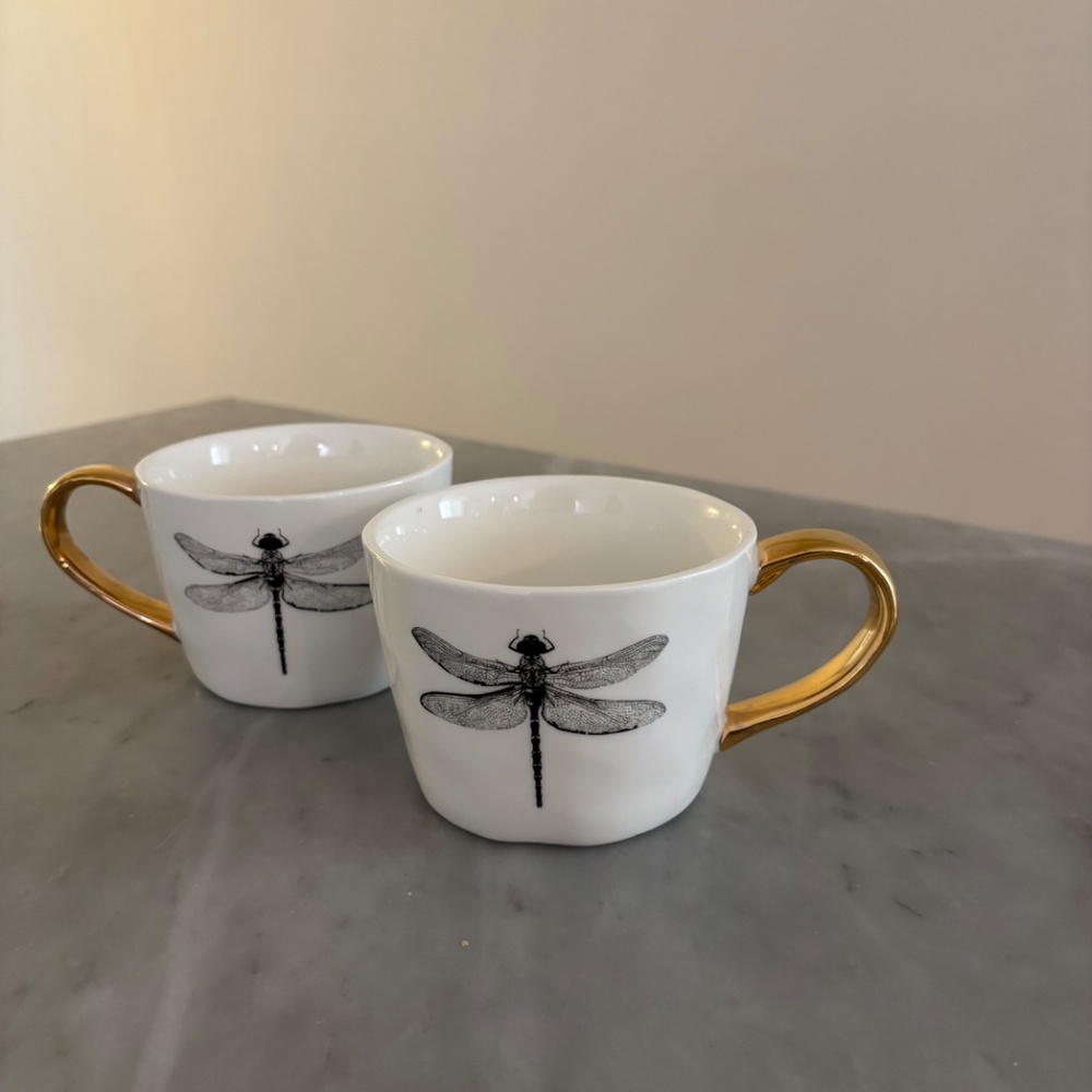 Dragonfly Low Mug with Gold Handle set of 2 - Picture 3 of 3